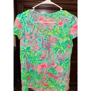 Vibrant Flamingo and Palm Print T-Shirt